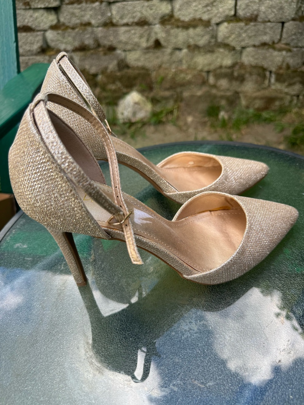 Champagne Gold Glitter Pointed Toe High Heel Pumps with Ankle Strap - Women